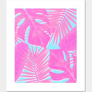 Monstera, Spider Palm, Tropical Leaves, Pink and Blue Posters and Art